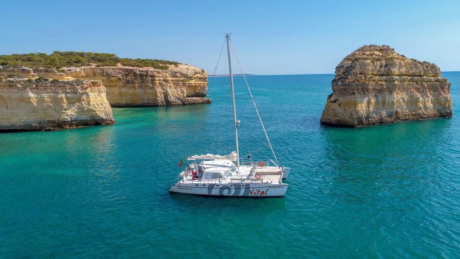From Vilamoura: Sunset Catamaran Experience - Catamaran Vital comfort check: deck time, lounge time, bathroom time